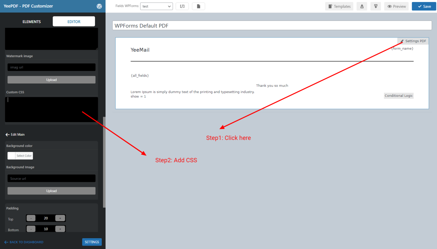 Debug and custom CSS - PDF WordPress Plugin For Contact Form