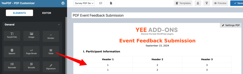 adding table to gravity form PDF template