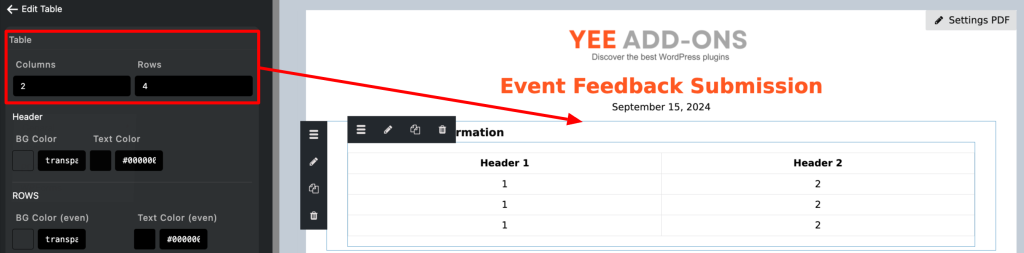 adding table to WPForms PDF template