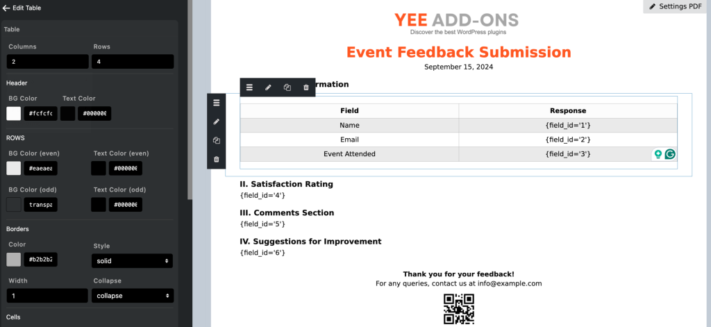 adding table to PDF template