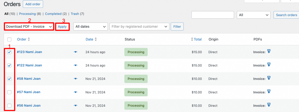 Download bulk PDF Invoice for woocommerce