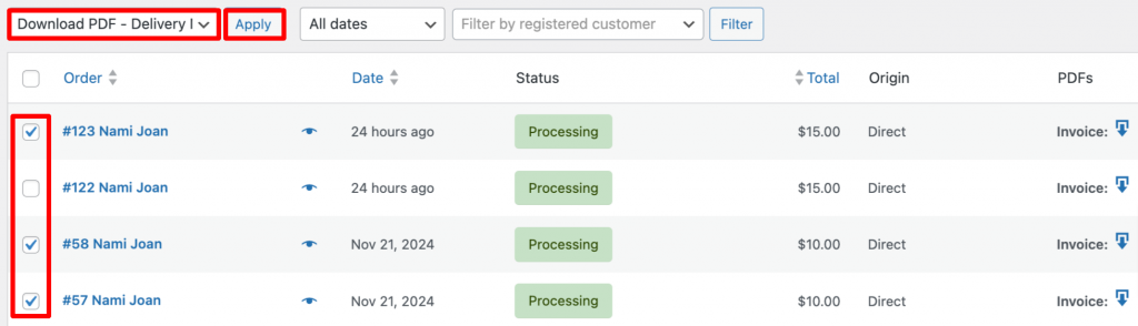 Export bulk PDF delivery note for woocommerce