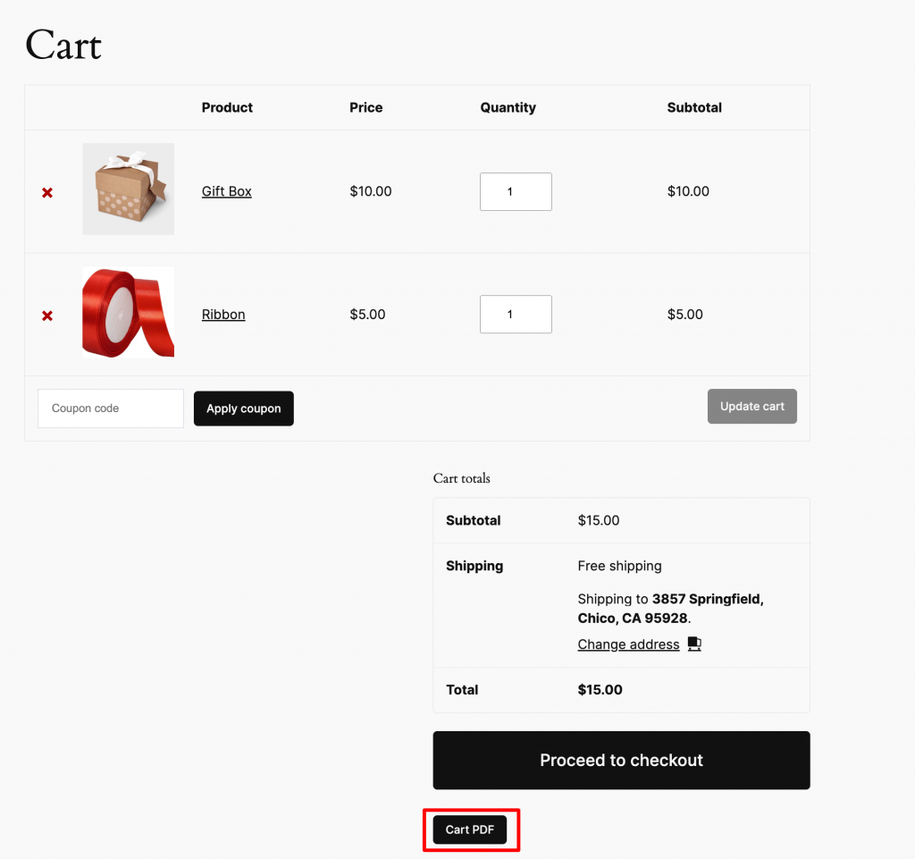 export woocommerce cart pdf 