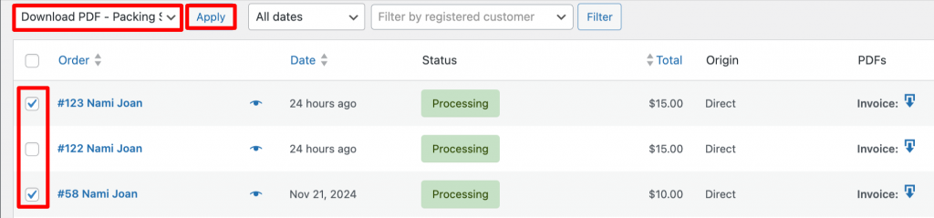 Export multiple PDF packing slip for woocommerce