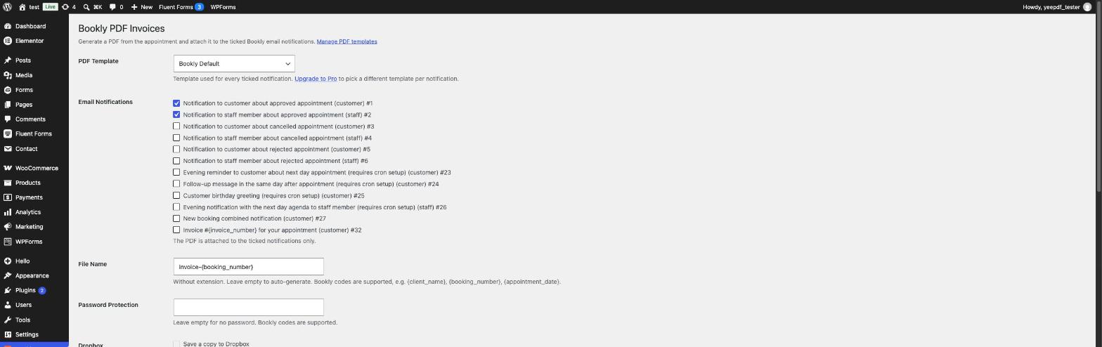 Bookly > PDF Invoices settings page
