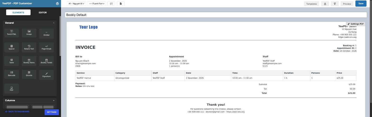 PDF template editor with the Bookly Default template
