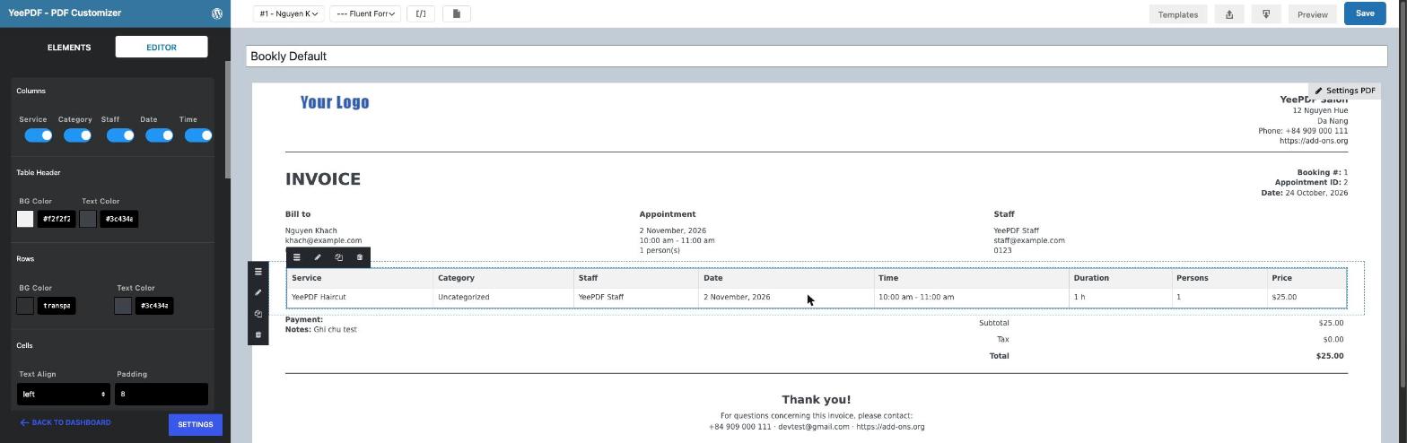 Bookly Items block with its column switches
