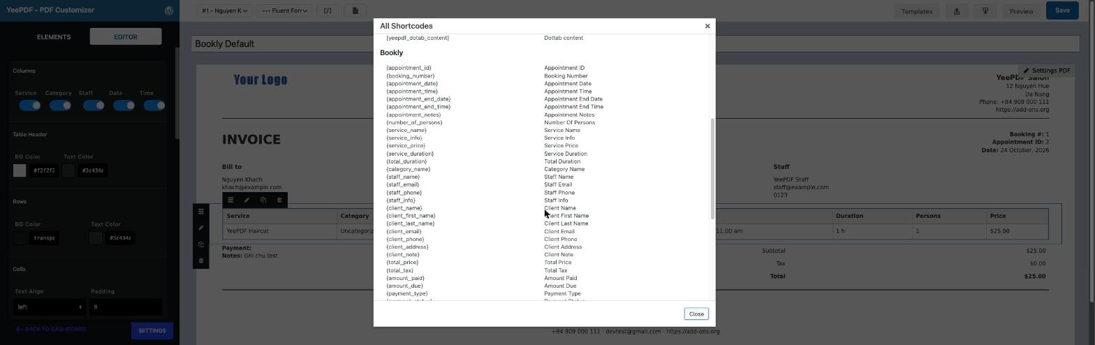 Bookly codes in the shortcode panel