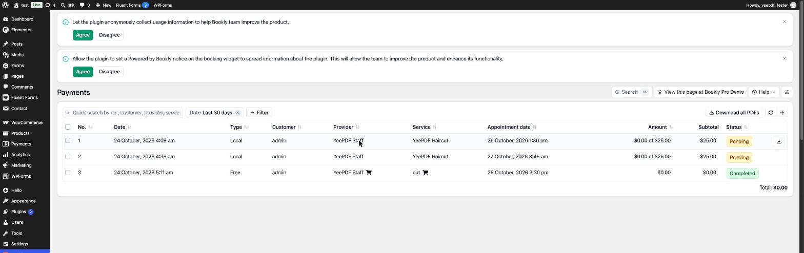 Bookly > Payments with the PDF download action