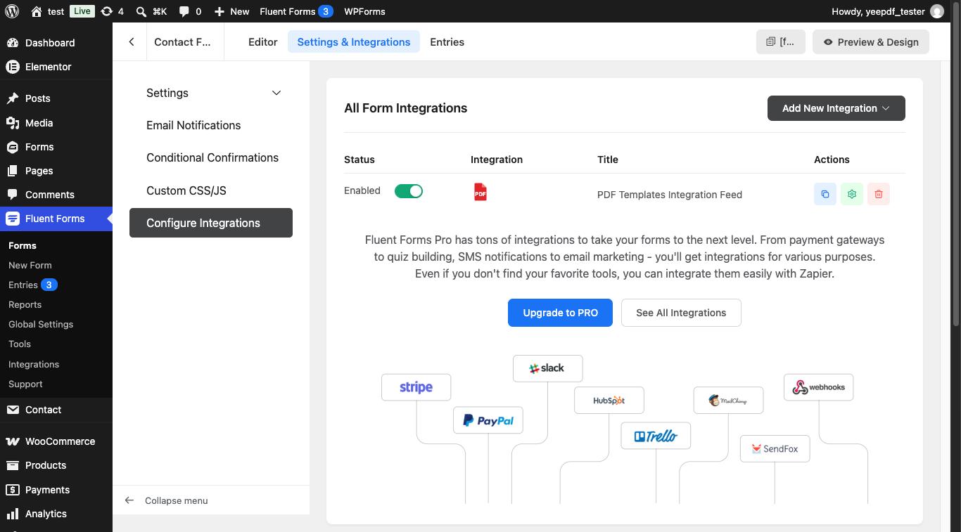 All Form Integrations list with the PDF Templates feed