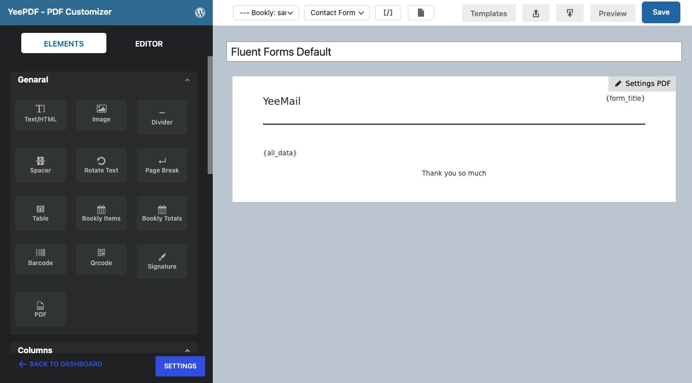 PDF template editor with the Fluent Forms Default template