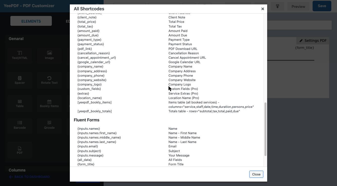 Fluent Forms group in the shortcode panel